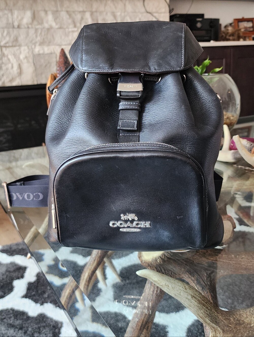 Coach Black Leather Men's Backpack - Signature Front Pocket